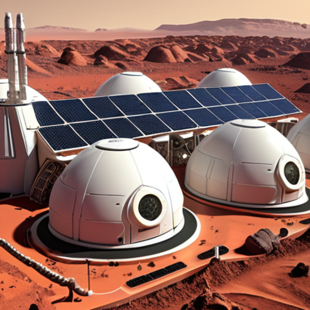 **Space Colony Life Support System**: A visually stunning depiction of a self-sustaining human colony on Mars. The image should highlight intricate closed-loop life support systems, including vibrant hydroponic farms growing food under artificial light, advanced water recycling units with visible purification processes, and interconnected modules constructed from 3D-printed Martian regolith. Solar energy arrays are prominent, showcasing sustainable power generation on the dusty red landscape under a distant Earth. *Highly detailed, futuristic, photorealistic, wide shot, sci-fi aesthetic.*