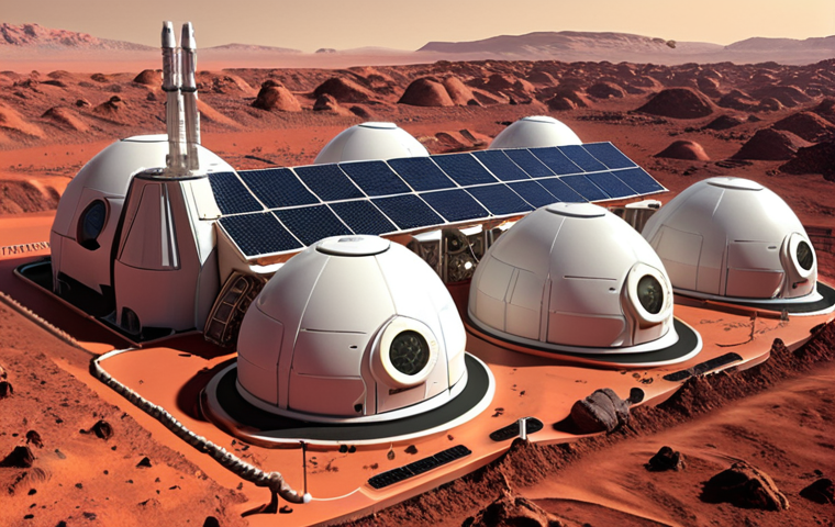 **Space Colony Life Support System**: A visually stunning depiction of a self-sustaining human colony on Mars. The image should highlight intricate closed-loop life support systems, including vibrant hydroponic farms growing food under artificial light, advanced water recycling units with visible purification processes, and interconnected modules constructed from 3D-printed Martian regolith. Solar energy arrays are prominent, showcasing sustainable power generation on the dusty red landscape under a distant Earth. *Highly detailed, futuristic, photorealistic, wide shot, sci-fi aesthetic.*