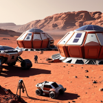 **Mars Colonization Concept:** A futuristic Martian habitat with colonists working outside, red planet landscape, solar panels, and rovers.