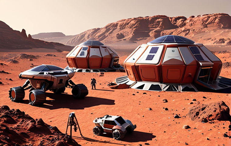**Mars Colonization Concept:** A futuristic Martian habitat with colonists working outside, red planet landscape, solar panels, and rovers.